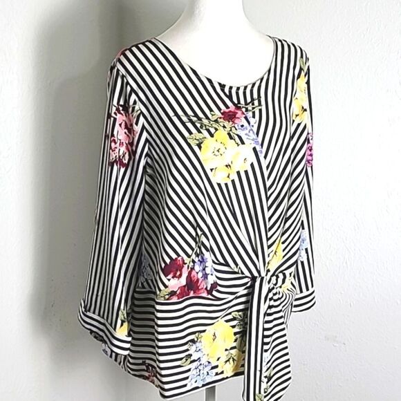 Signature Studio Black & White Aysemetrical Stripe Floral Top Side Tie, Size XL - Picture 2 of 10